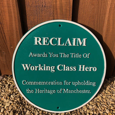 Reclaim Working Class Hero Cast Round Green Award Plaque-Award Plaques-Signcast